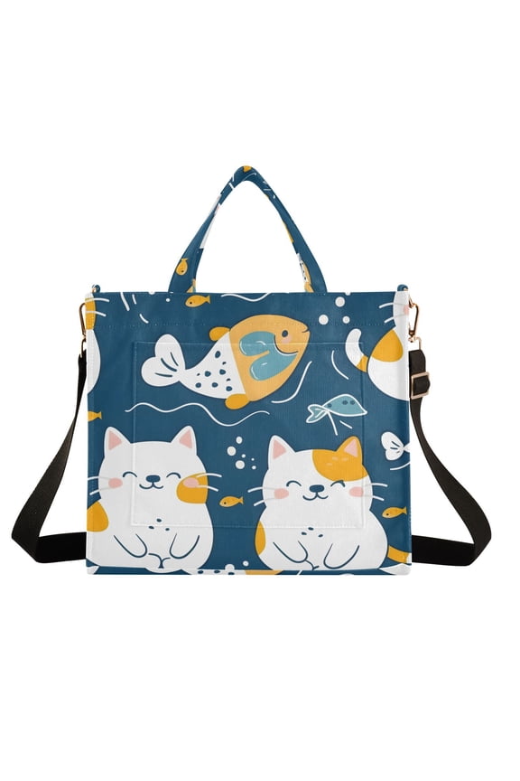 Cats with Fish Corduroy Tote Bag Handbag Large Messenger Bag Shoulder Crossbody Zipper Bag Purse