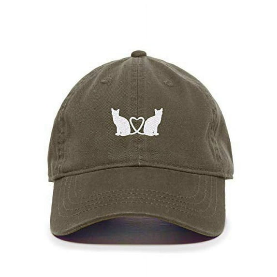 Cats with Heart Baseball Cap Embroidered Cotton Adjustable Dad Hat Olive