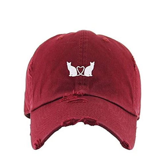 Cats with Heart Vintage Baseball Cap Embroidered Cotton Adjustable Distressed Dad Hat Maroon