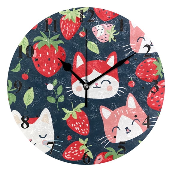 Cats with Strawberries Black 10 inch Wall Clocks Non Ticking Easy to Read Battery Decorative for Home Bathroom Kitchen Bedroom Living Room