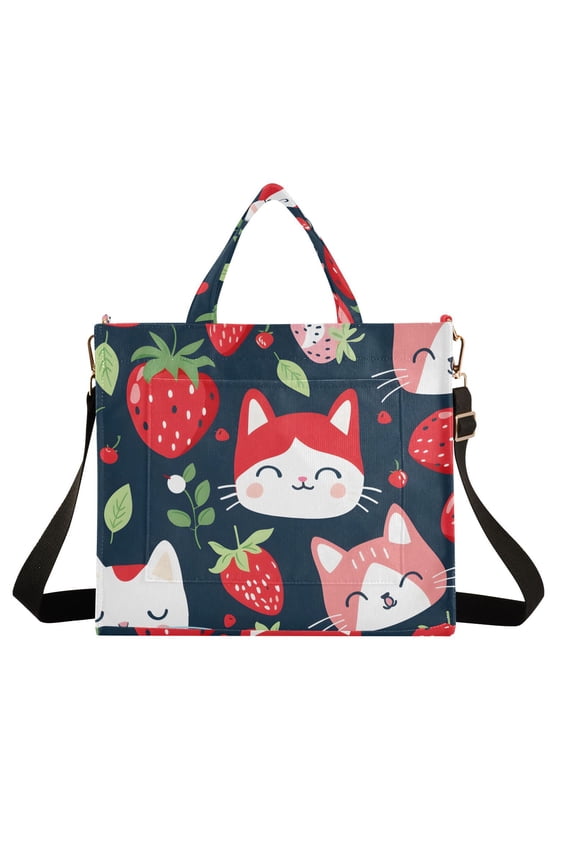 Cats with Strawberries Corduroy Tote Bag Handbag Large Messenger Bag Shoulder Crossbody Zipper Bag Purse