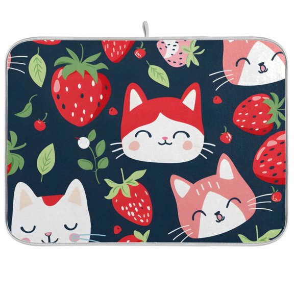 Cats with Strawberries Dish Drying Mat Dish Drainer Rack Mats Water Absorbent Non-Slip Easy Clean Heat Resistant for Kitchen Counter