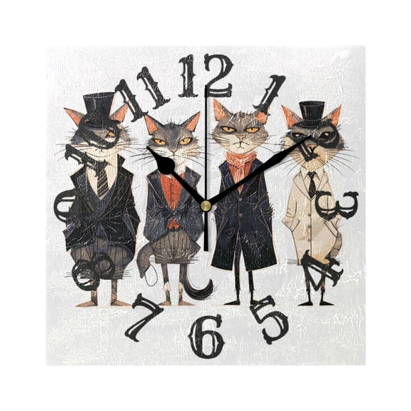 Cats with Suits Wall Clock Square Silent Non Ticking Battery Operated Clock for Home Bathroom Kitchen Bedroom Living Room