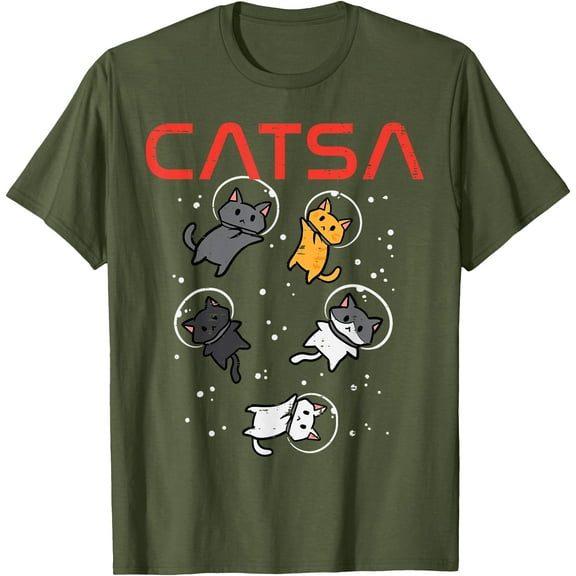 Catsa Cat Astronauts Funny Kitten Space Unisex T-Shirt for Men Women Kids Toddler,Military Green Color,Size L
