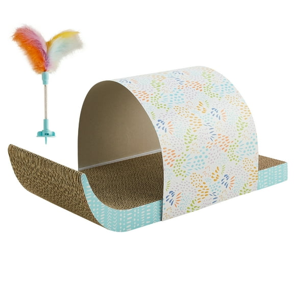 Catstages Cat Tunnel Scratcher with Feather Spring Toy and Removable Tunnel, Corrugated Scratching Pad for Rest, Play, & Nail Trimming, Multicolored