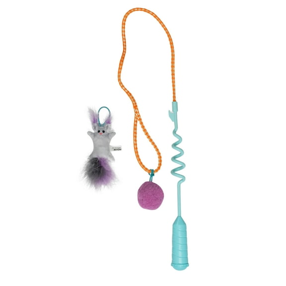 Catstages Cat-apult Spring Wand Durable and Interactive Teaser with Flinger Clip & Two Cat Toys, Catnip Toy & PomPom Ball, Blue