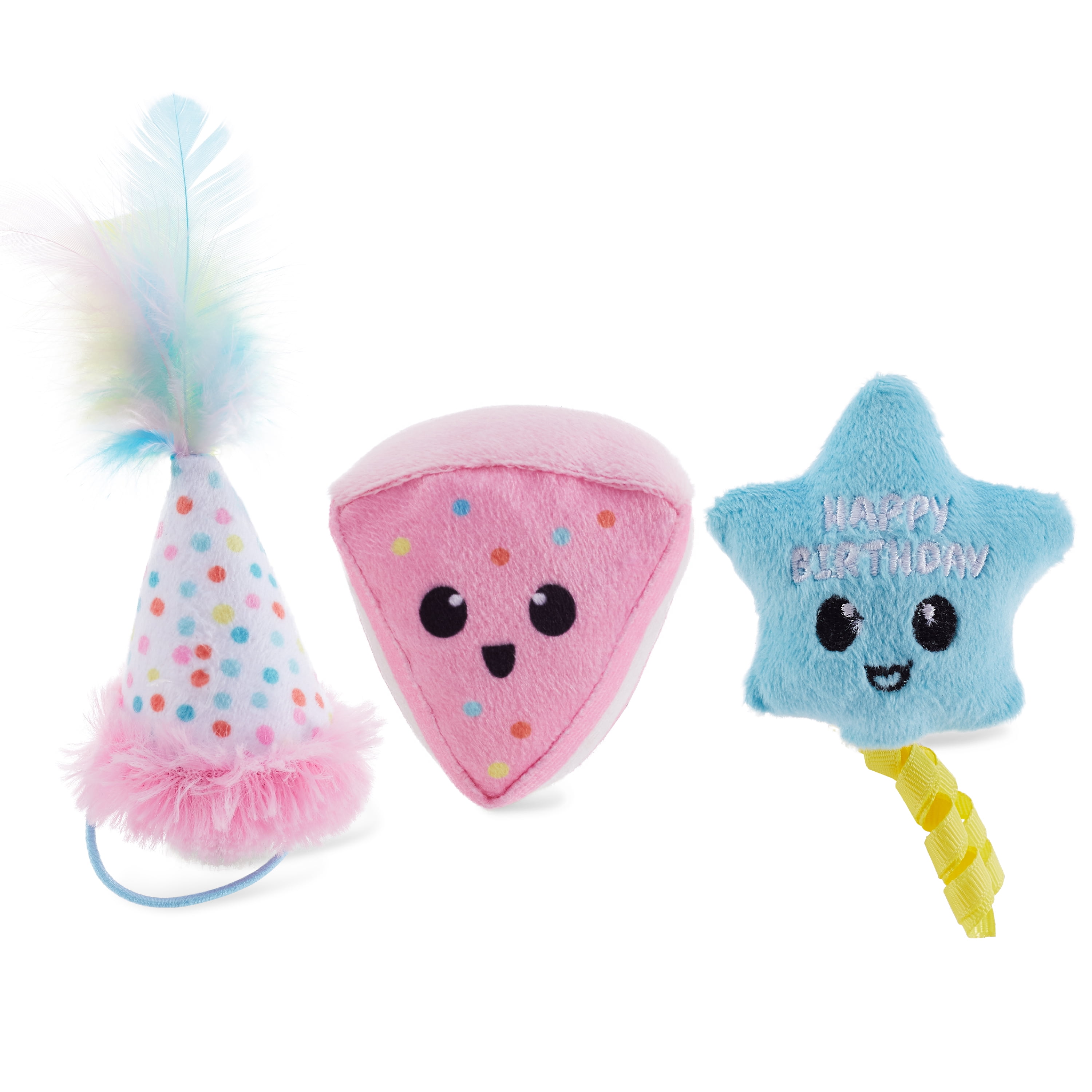 Catstages Happy Purrthday Cat Toys, 3-Pack Catnip Plush Toys with Crinkle, Feathers & Dental Mesh, Multicolored