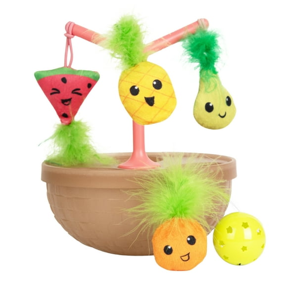 Catstages Hunt N' Wobble Fruit Bowl Wobbling Cat Toy with Five Catnip Toys, Jingle Ball, and Flingers, Multicolored