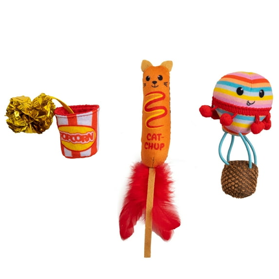 Catstages Pawrty Cat Toys, 3-Pack Catnip Plush Toys with Crinkle, Feathers & Flinger, Multicolored