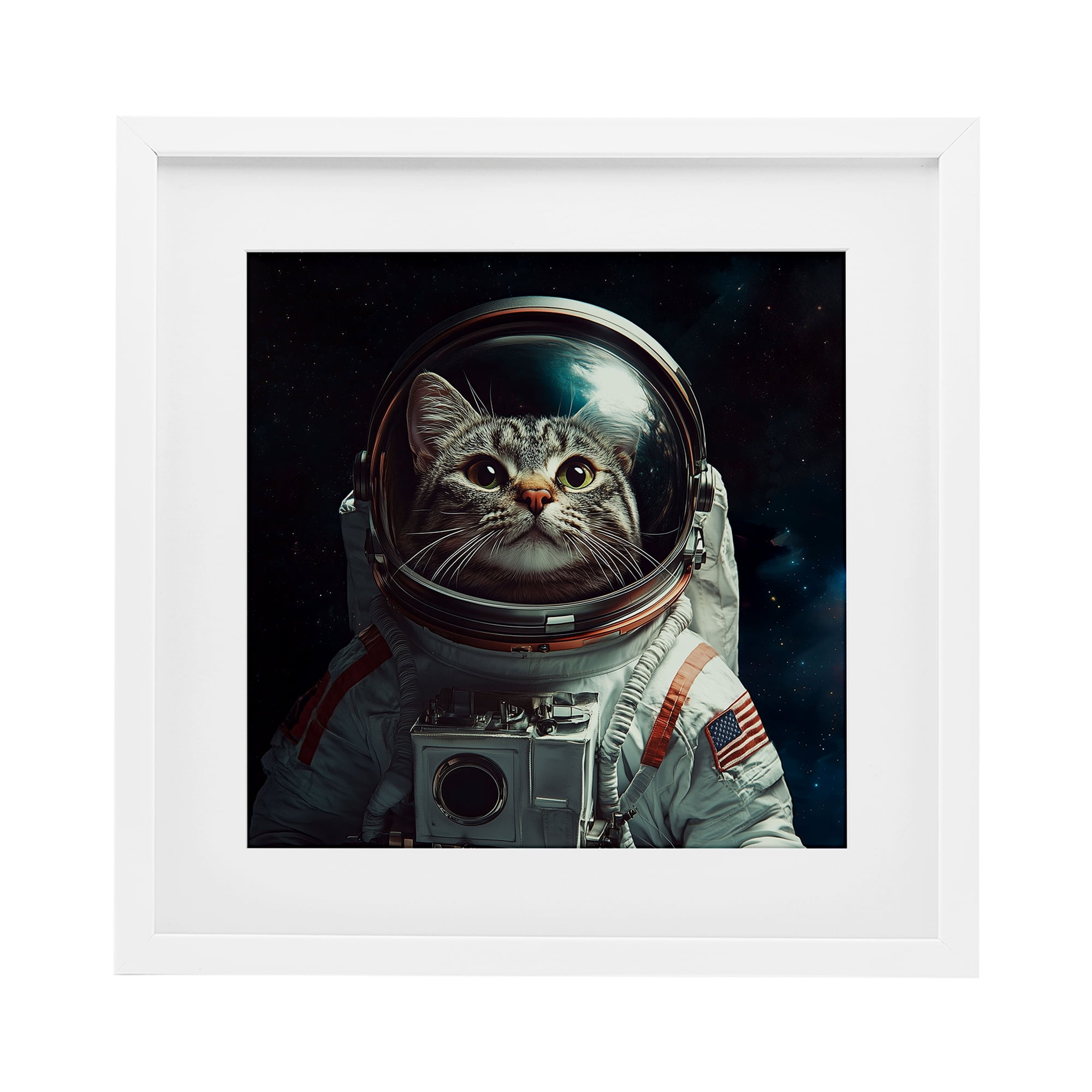 Catstronaut Cat Astronaut White Framed Print Under Glass, design by Jim Baldwin