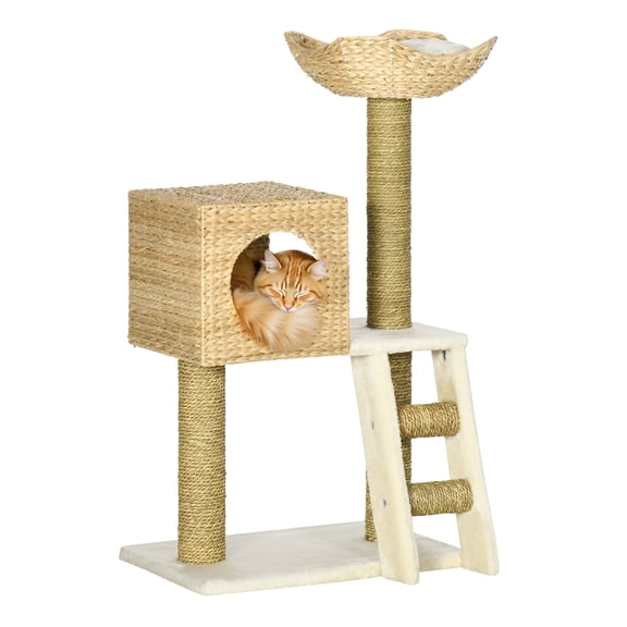 Cattail Cat Tree for Indoor Cats, Kitty Tower with Rattan Condo, Wicker Bed, Ladder, Cushions - 39.5" Natural