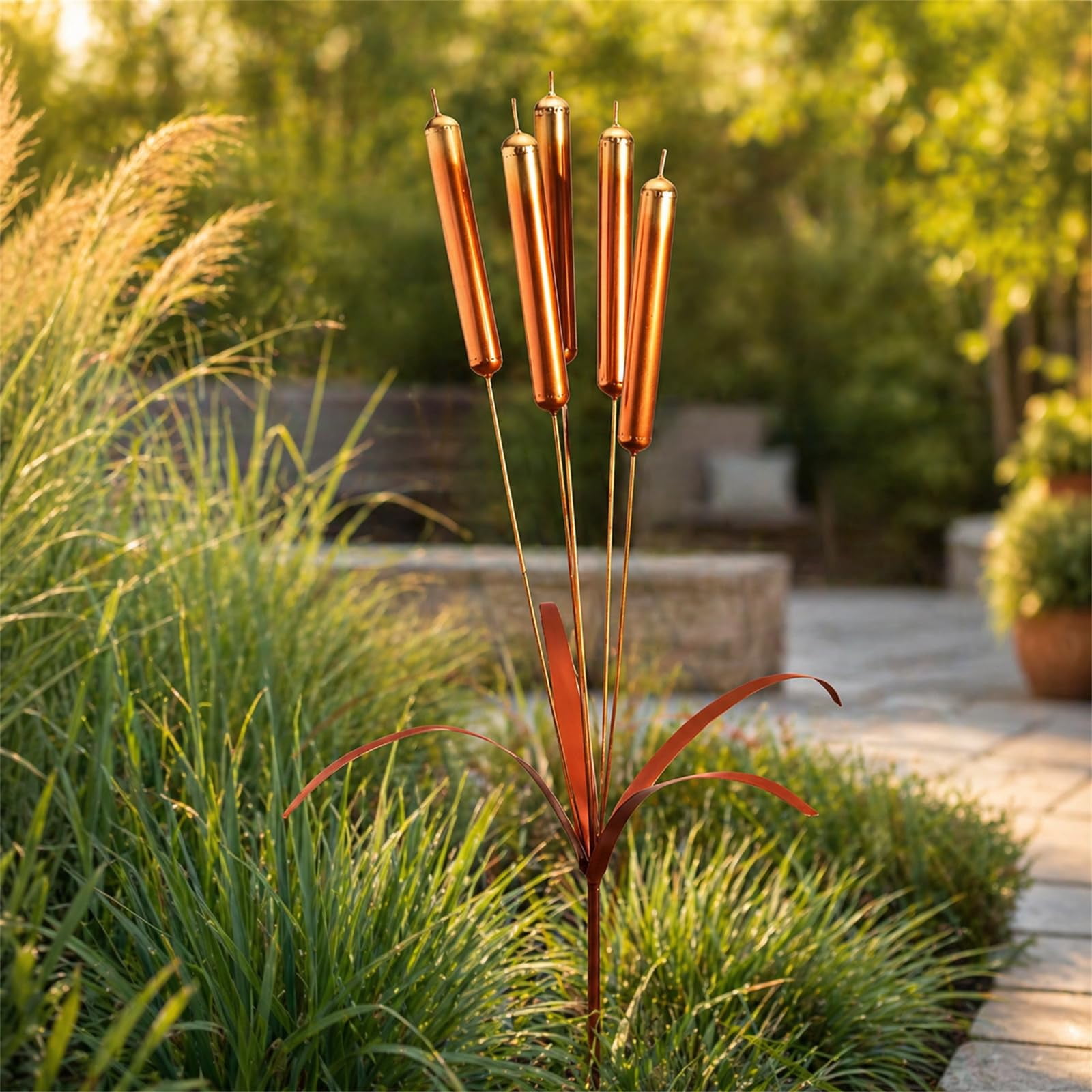 Cattail Wind Chimes Copper, Cattail Windchimes Stake Outdoor Decor for Garden Patio Yard, Rustic Metal Cat Tail Plant Art, Handmade Outdoor Decorative Ornament (20in)