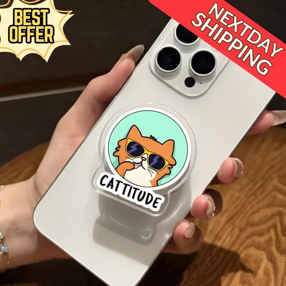 Cattitude Cat Magnetic Phone Grip Cute Sunglasses Cat Phone Holder, Funny Kitty Phone Stand, Kawaii Cat Accessory Gift for Cat Lover