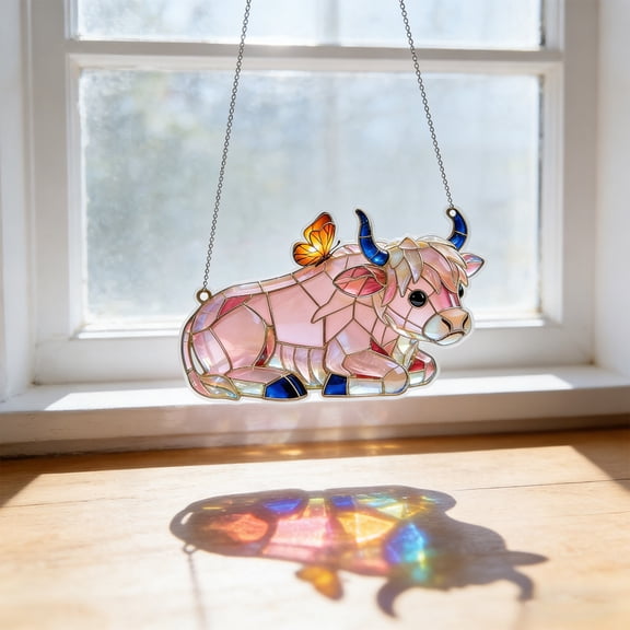 Cattle 2D Acrylic Suncatcher Stained Glass Effect Window Car Hanging Ornament Indoor Outdoor Decor Garden Sun Catcher Panel Gifts for Nature Lover,7.8 in