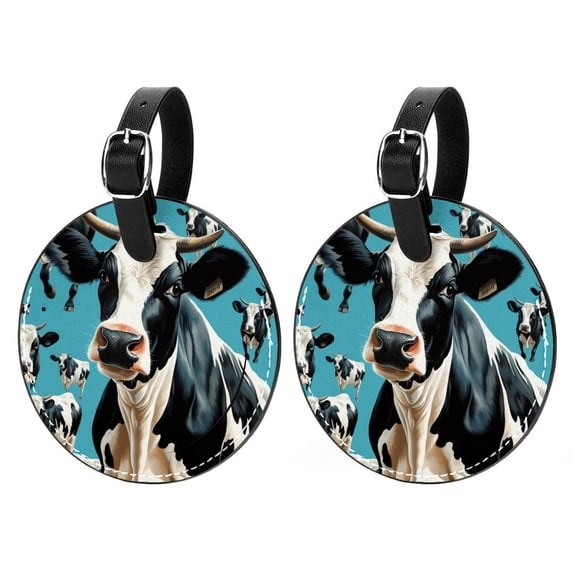Cattle 2Pcs PU Leather Round Luggage Tags with Privacy Cover and Name ID Tag for Suitcase, Handbags, Backpacks, School Bags
