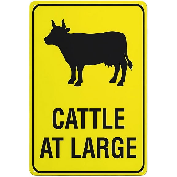 Cattle At Large Icon Sign, 8"x12" Grade Reflective Rust-Free Aluminum Sign, Weather/Waterproof Easy-Mount Livestock Alert Sign