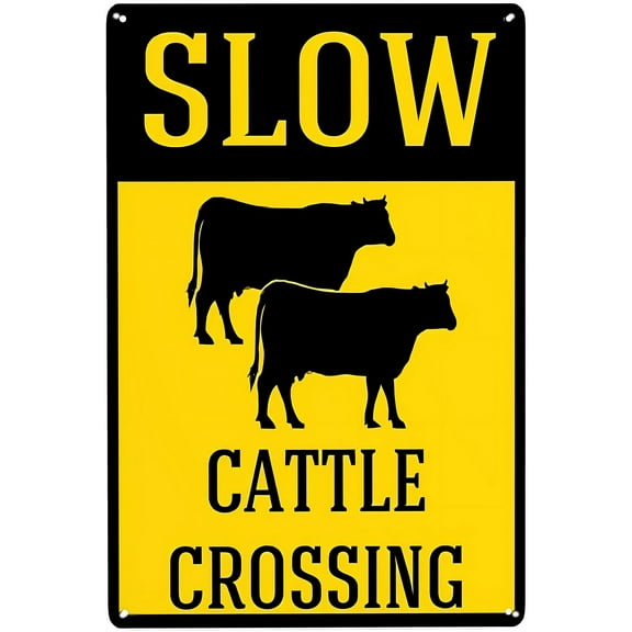 Cattle Crossing Street Slow Down Sign, 8"x12" Vintage Metal Wall Decor, Road Safety Farm Decor for Home Farm Bar Coffee Shop Club