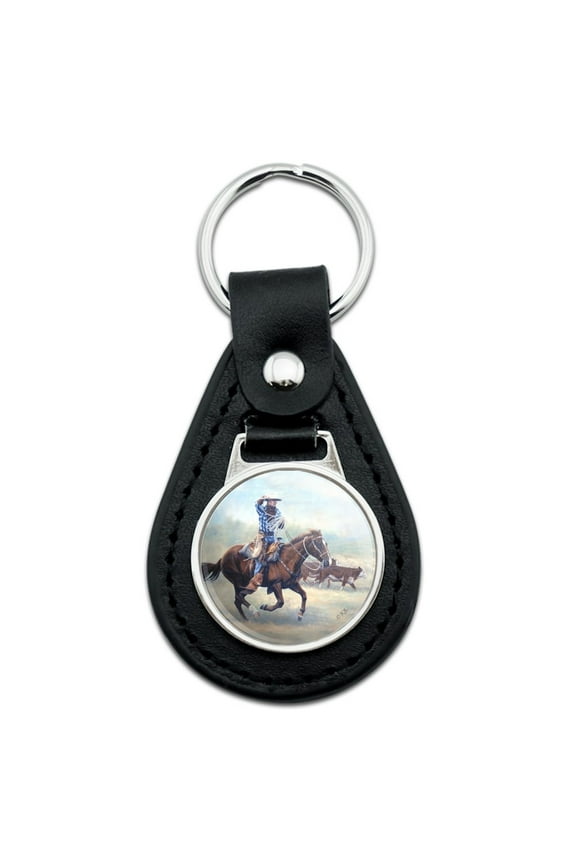 Cattle Drive Western Cowboy In the Loop Black Leather Keychain