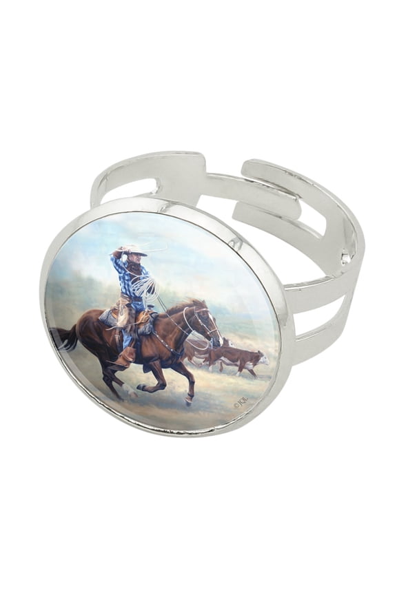 Cattle Drive Western Cowboy In the Loop Silver Plated Adjustable Novelty Ring