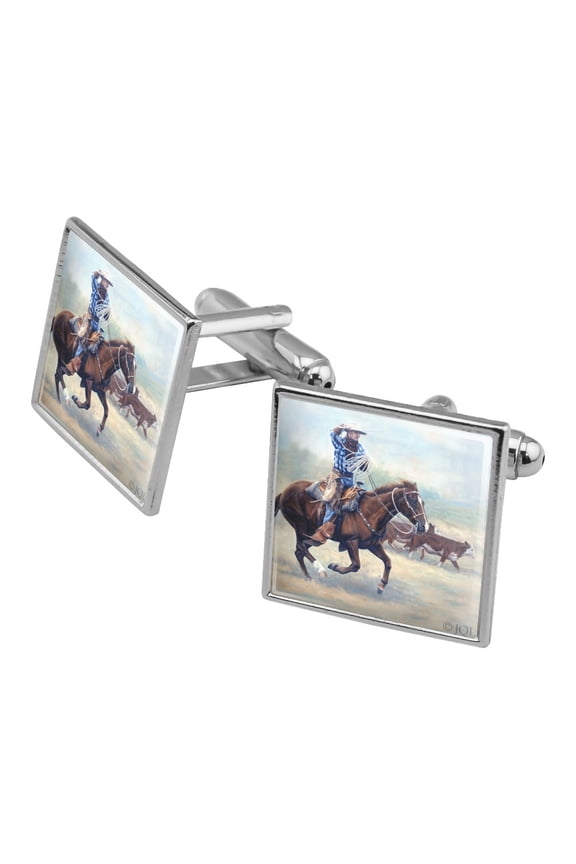 Cattle Drive Western Cowboy In the Loop Square Cufflink Set - Silver or Gold