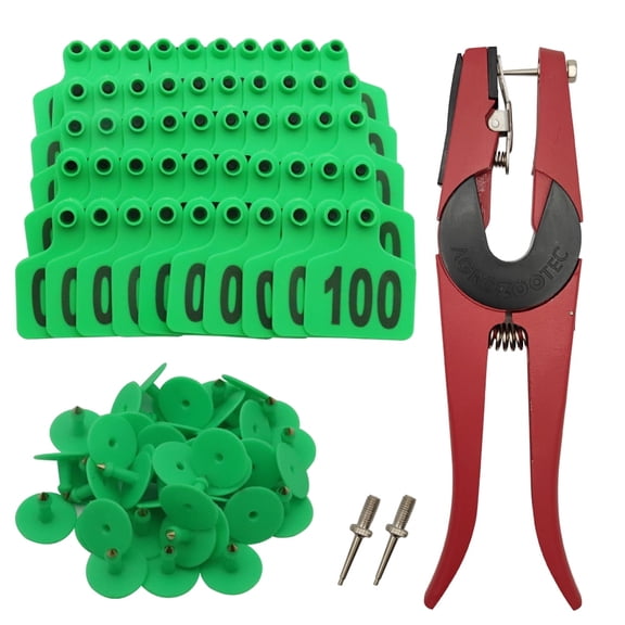 Cattle Ear Tags 001-100 Number Plastic Livestock Animal Tag for Cows Ear Tag Applicator Kit (001-100, Green)