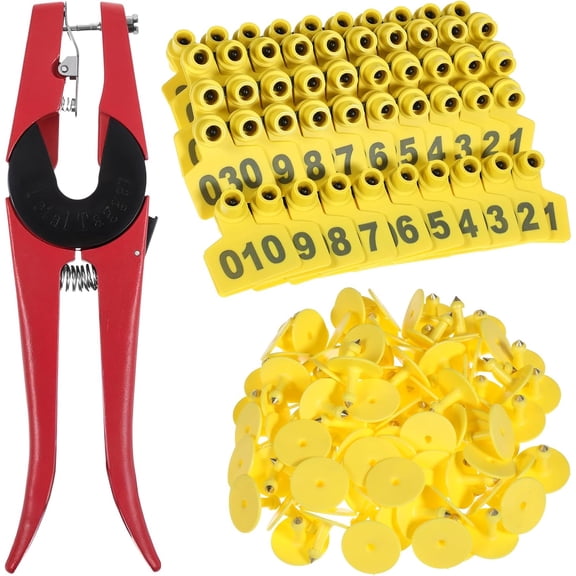 Cattle Ear Tags Numbered 001-100 with Pliers, Plastic Livestock Animal Ear Tag for Cows Goats Sheep Pigs Animal Identification Earring Tagger$$Garden & Patio