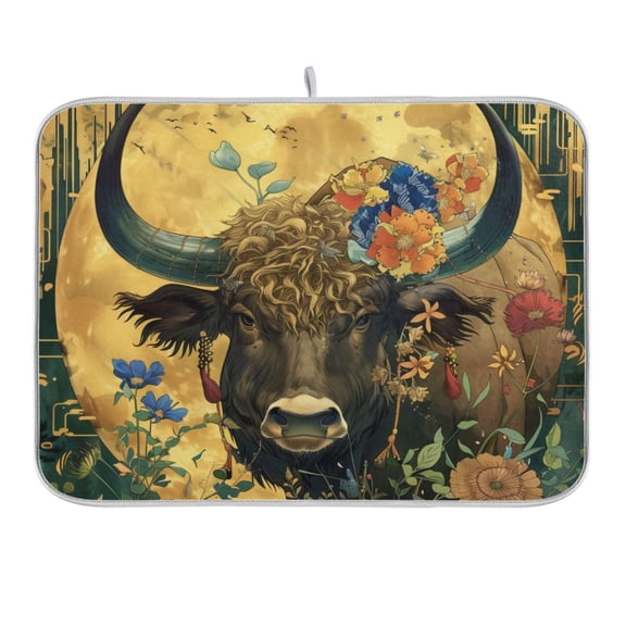Cattle Flower Moon Dish Drying Mat 16x18 Absorbent Microfiber Draining Rack Pad for Kitchen Counter Sink