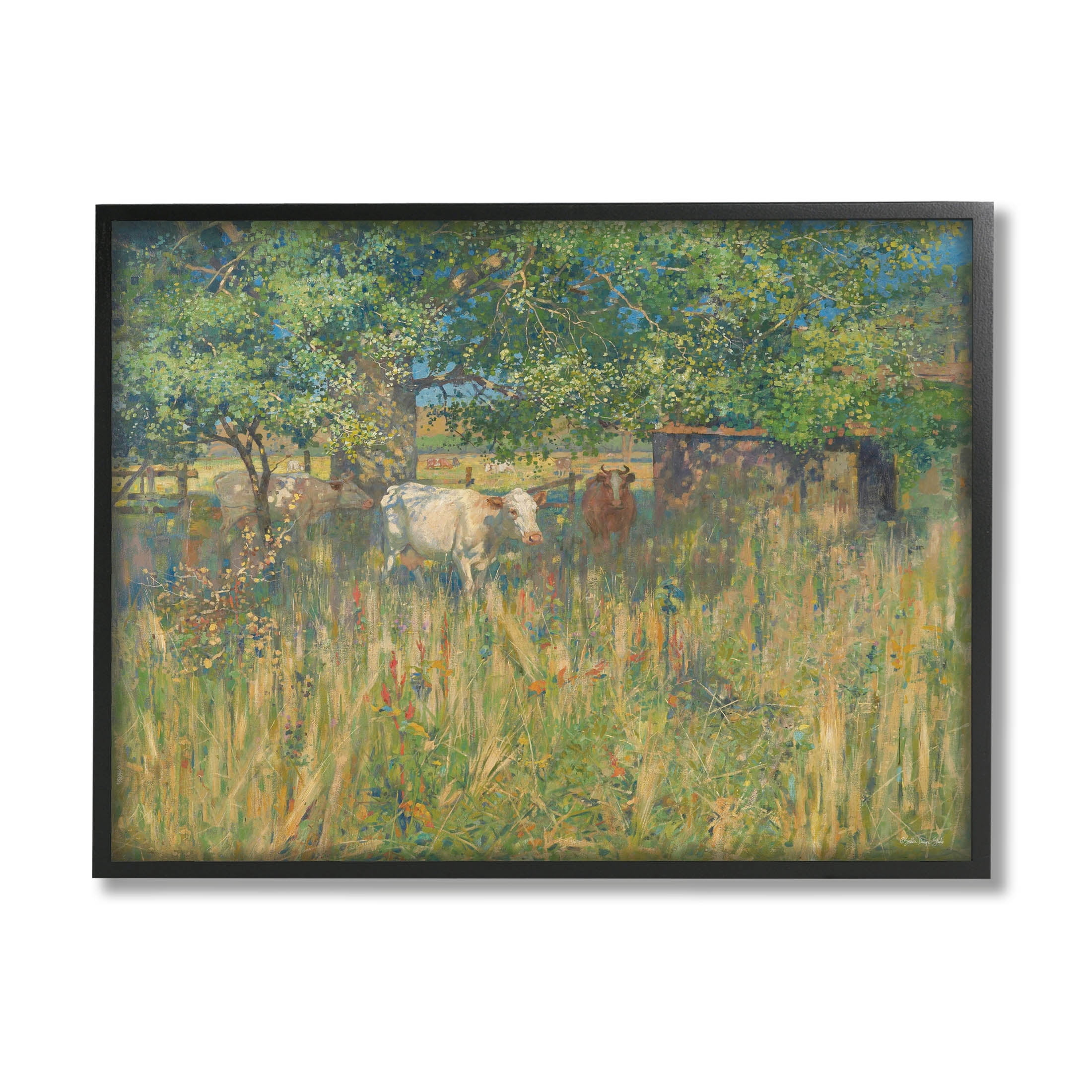 Cattle Grazing Grassland Pasture Landscape Painting Black Framed Art Print Wall Art