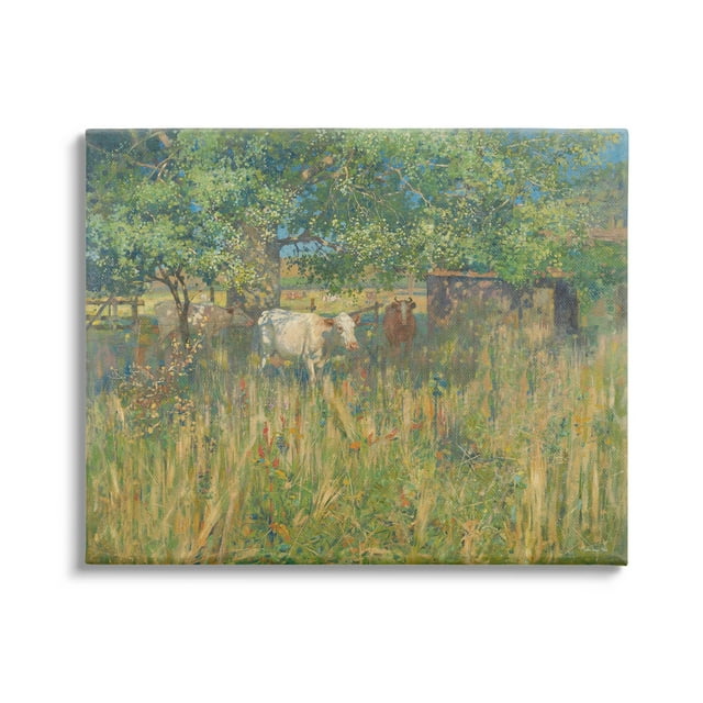 Cattle Grazing Grassland Pasture Landscape Painting Gallery Wrapped Canvas Print Wall Art