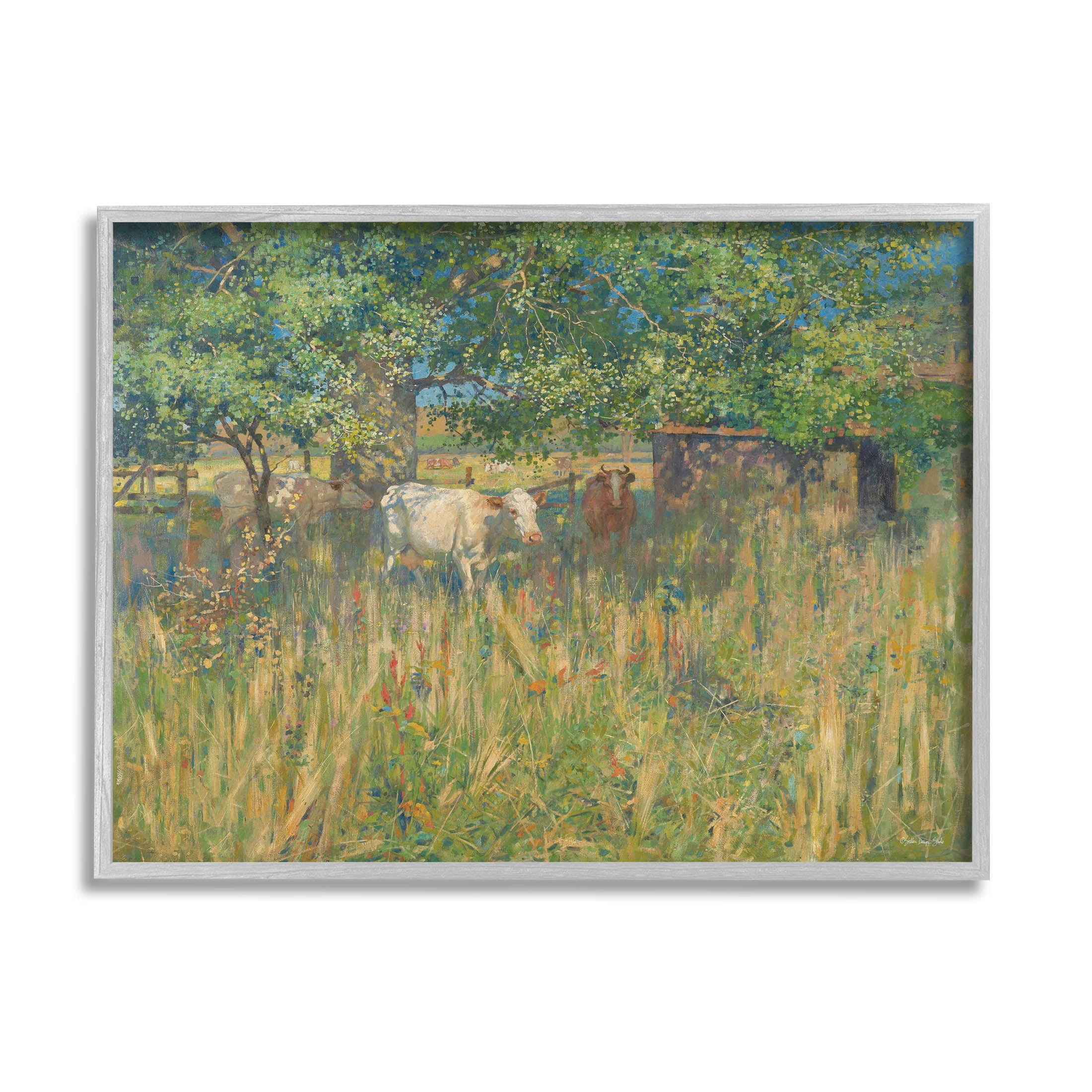 Cattle Grazing Grassland Pasture Landscape Painting Gray Framed Art Print Wall Art