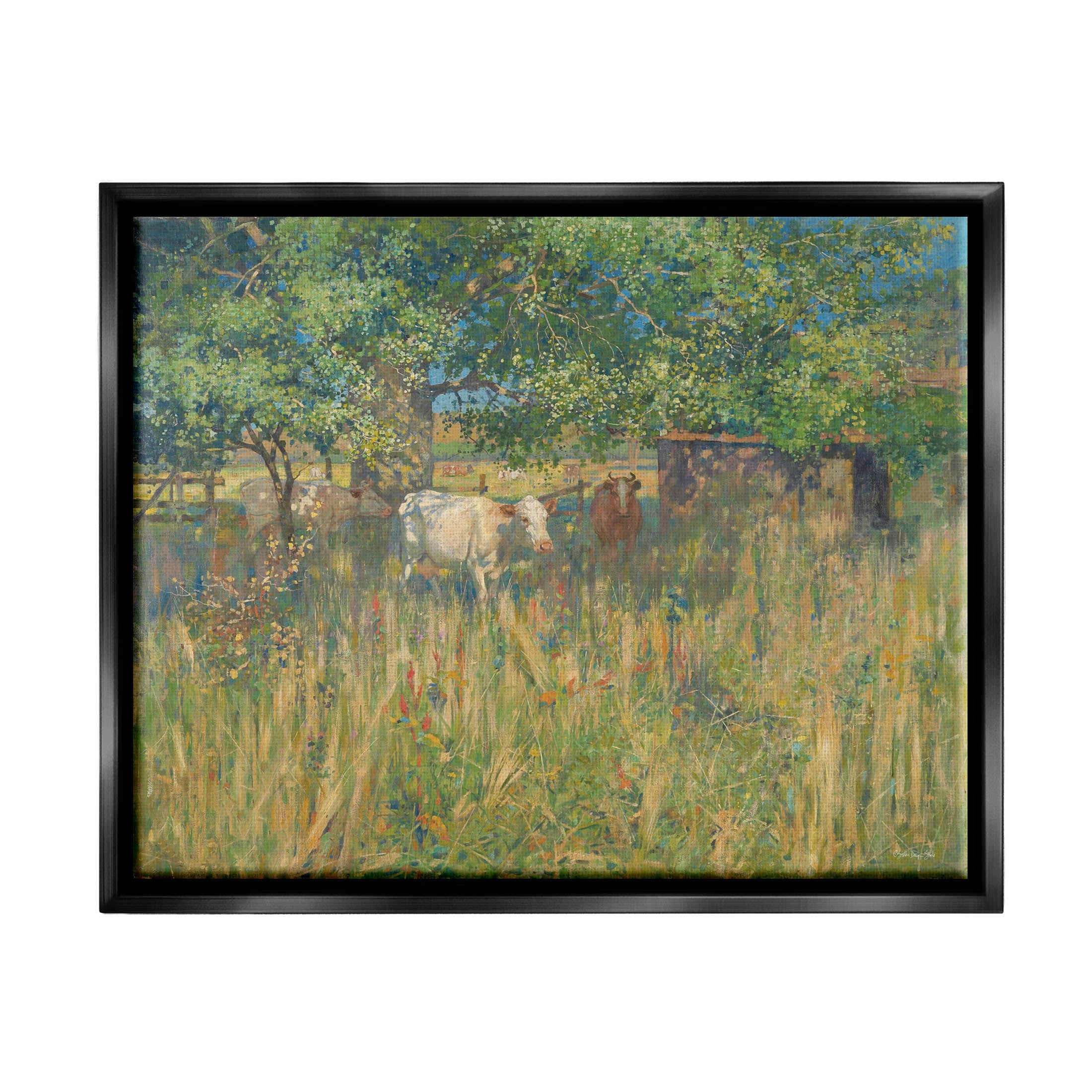 Cattle Grazing Grassland Pasture Landscape Painting Jet Black Framed Art Print Wall Art