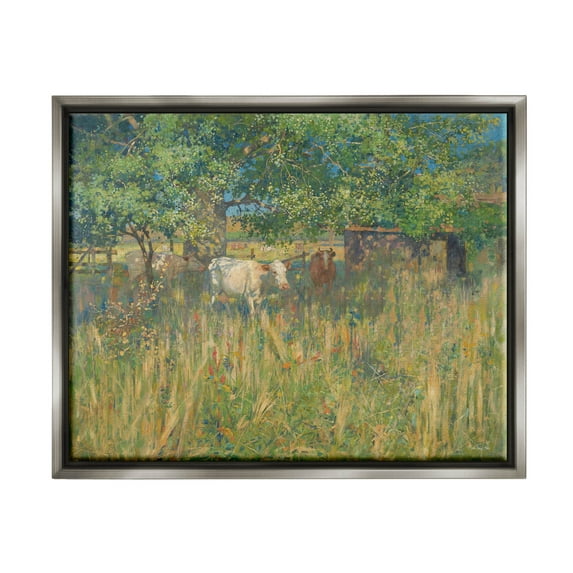 Cattle Grazing Grassland Pasture Landscape Painting Luster Gray Framed Art Print Wall Art