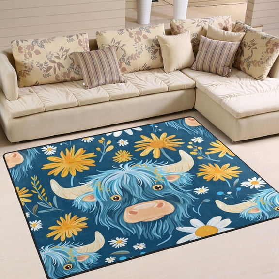 Cattle Head Cow Flowers Area Rug Washable 80 x 58 Floor Carpet Mat Non Slip for Bedroom Living Room Home Decor