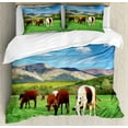 thumbnail image 1 of Cattle King Size Duvet Cover Set, Colorful Herd of Cows on Green Meadow Surrounded by Mountains Nature Composition, Decorative 3 Piece Bedding Set with 2 Pillow Shams, Multicolor, by Ambesonne, 1 of 3