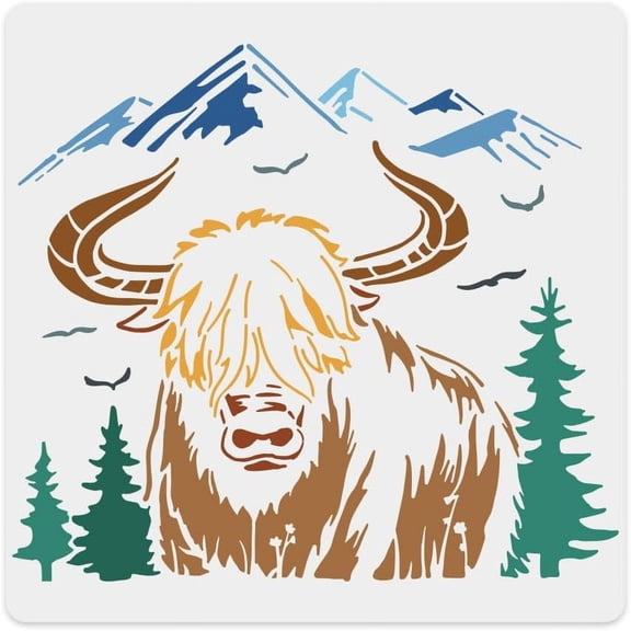 Cattle PET Painting Stencil Forest Animal Stencils for Painting Craft Stencils Cow Mountain Hollow Out Drawing Painting Template for Painting on Wood Fabric Paper Walls Canvas 11.8x11.8 Inch