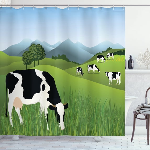 Cattle Shower Curtain, Agriculture Theme Landscape with Misty Mountain Background and Cows Eating Grass, Fabric Bathroom Set with Hooks, 69W X 75L Inches Long, Multicolor, by Ambesonne