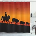 thumbnail image 1 of Cattle Shower Curtain, Silhouette Farm Theme Cowboy Man Riding Horse Cow Herd in the Ranch, Fabric Bathroom Set with Hooks, 69W X 84L Inches Extra Long, Vermilion Orange Black, by Ambesonne, 1 of 3