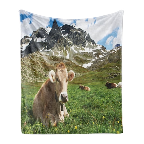 Cattle Soft Flannel Fleece Blanket, Milk Cows Laying and Relaxing on Green Meadows of Snowy Alpine Mountains Landscape, Cozy Plush for Indoor and Outdoor Use, 70" x 90", Multicolor, by Ambesonne