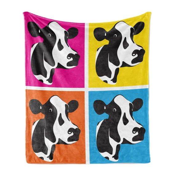 Cattle Soft Flannel Fleece Blanket, Pop Art Style Cow Head Portraits Composition in Vibrant Colors Graphic Illustration, Cozy Plush for Indoor and Outdoor Use, 70" x 90", Multicolor, by Ambesonne