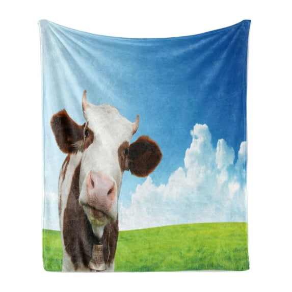 Cattle Soft Flannel Fleece Throw Blanket, Brown and White Cow Staring from the Landscape of Wide Green Field and Open Sky, Cozy Plush for Indoor and Outdoor Use, 50" x 60", Multicolor, by Ambesonne