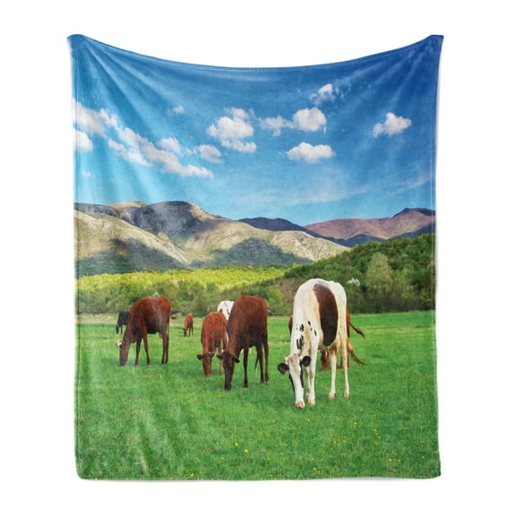Cattle Soft Flannel Fleece Throw Blanket, Colorful Herd of Cows on Green Meadow Surrounded by Mountains Nature Composition, Cozy Plush for Indoor and Outdoor Use, 50" x 60", Multicolor, by Ambesonne