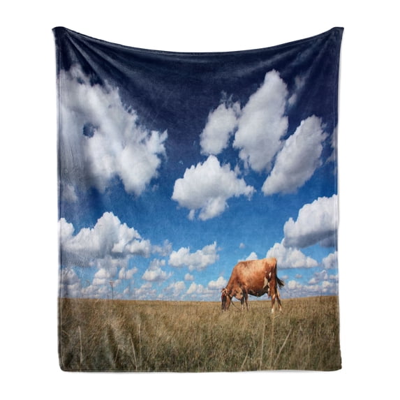 Cattle Soft Flannel Fleece Throw Blanket, Digital Image of a Cow Feeding on Dry Meadow with Blue Sky and Clouds Background, Cozy Plush for Indoor and Outdoor Use, 50" x 70", Multicolor, by Ambesonne