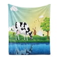 thumbnail image 1 of Cattle Soft Flannel Fleece Throw Blanket, Graphic Design Grazing Cow in the Field with Trees near Lake and Windmill Pattern, Cozy Plush for Indoor and Outdoor Use, 50" x 60", Multicolor, by Ambesonne, 1 of 5