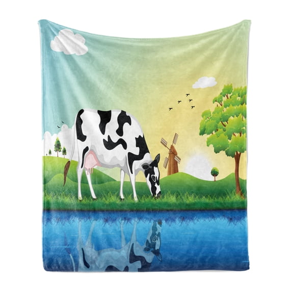 Cattle Soft Flannel Fleece Throw Blanket, Graphic Design Grazing Cow in the Field with Trees near Lake and Windmill Pattern, Cozy Plush for Indoor and Outdoor Use, 70" x 90", Multicolor, by Ambesonne