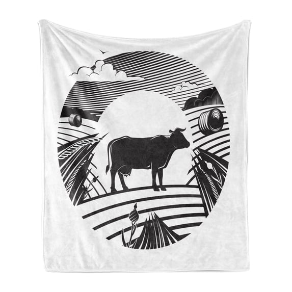 Cattle Soft Flannel Fleece Throw Blanket, Rural Landscape with a Cow Standing on Field Under Cloudy Sky Digital Image, Cozy Plush for Indoor and Outdoor Use, 60" x 80", Black and White, by Ambesonne