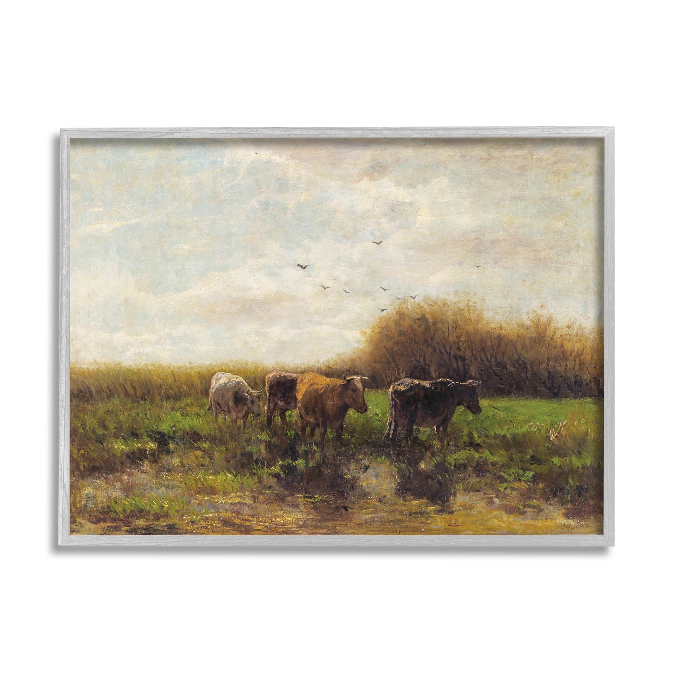 Gray Framed Rural Cattle Scenery Wood Grain Wall Art
