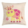 thumbnail image 1 of Cattle Throw Pillow Cushion Cover, Childish Patchwork Style Cow Animal Eating Foliage Daisy Digital Illustration, Decorative Square Accent Pillow Case, 16 X 16 Inches, Pink Yellow Peach, by Ambesonne, 1 of 2