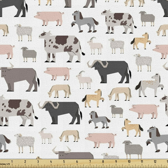 Cattle Upholstery Fabric by the Yard, Composition of Graphic Sketch Cattle Animals as Ox Goat Pig and Buffalo, Decorative Fabric for DIY and Home Accents, 2 Yards, Multicolor by Ambesonne