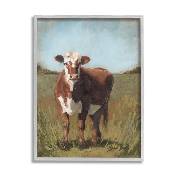 Cattle Vast Countryside Field Animals & Insects Painting Gray Framed Art Print Wall Art