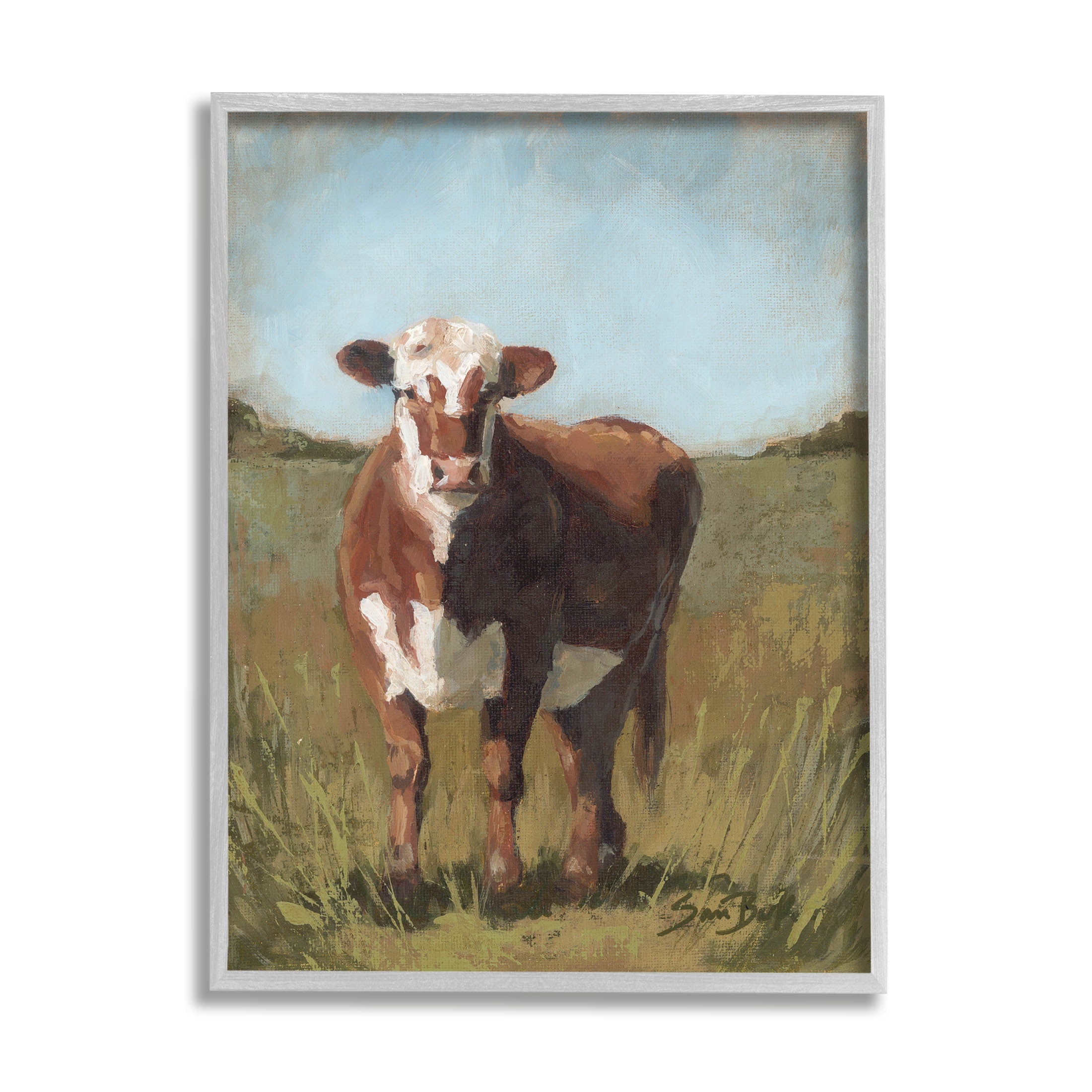 Cattle Vast Countryside Field Animals & Insects Painting Gray Framed Art Print Wall Art